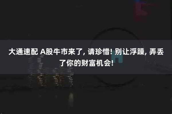 大通速配 A股牛市来了, 请珍惜! 别让浮躁, 弄丢了你的财富机会!